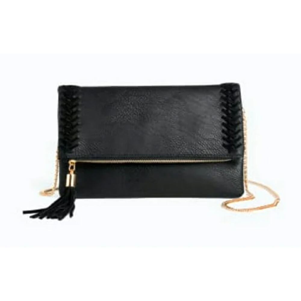 Moda Luxe Palermo Clutch w/ Gold Chain NEW Vegan Leather in Black Stitch Detail
